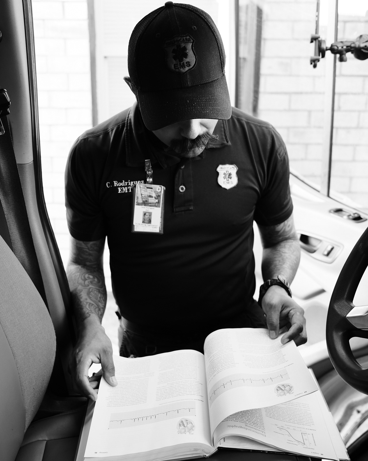 He studies cardiac rhythms between calls.