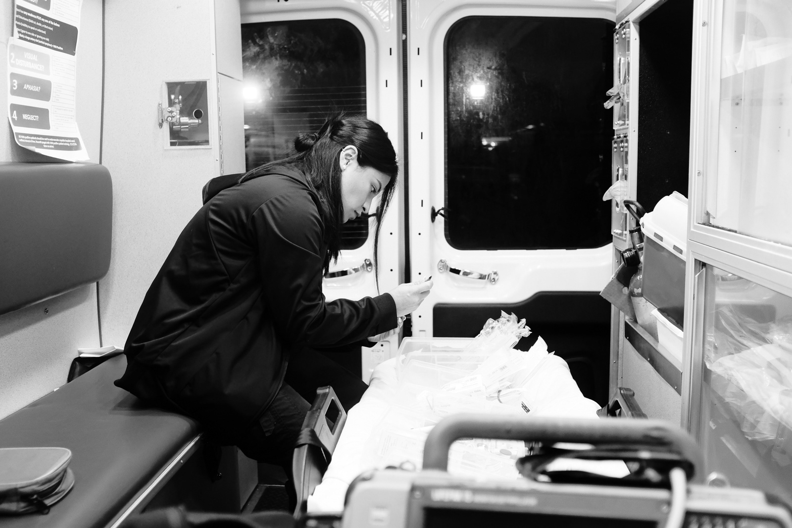 Medic 32 with M. Lopez, EMT, we check off our unit. First time we work together.