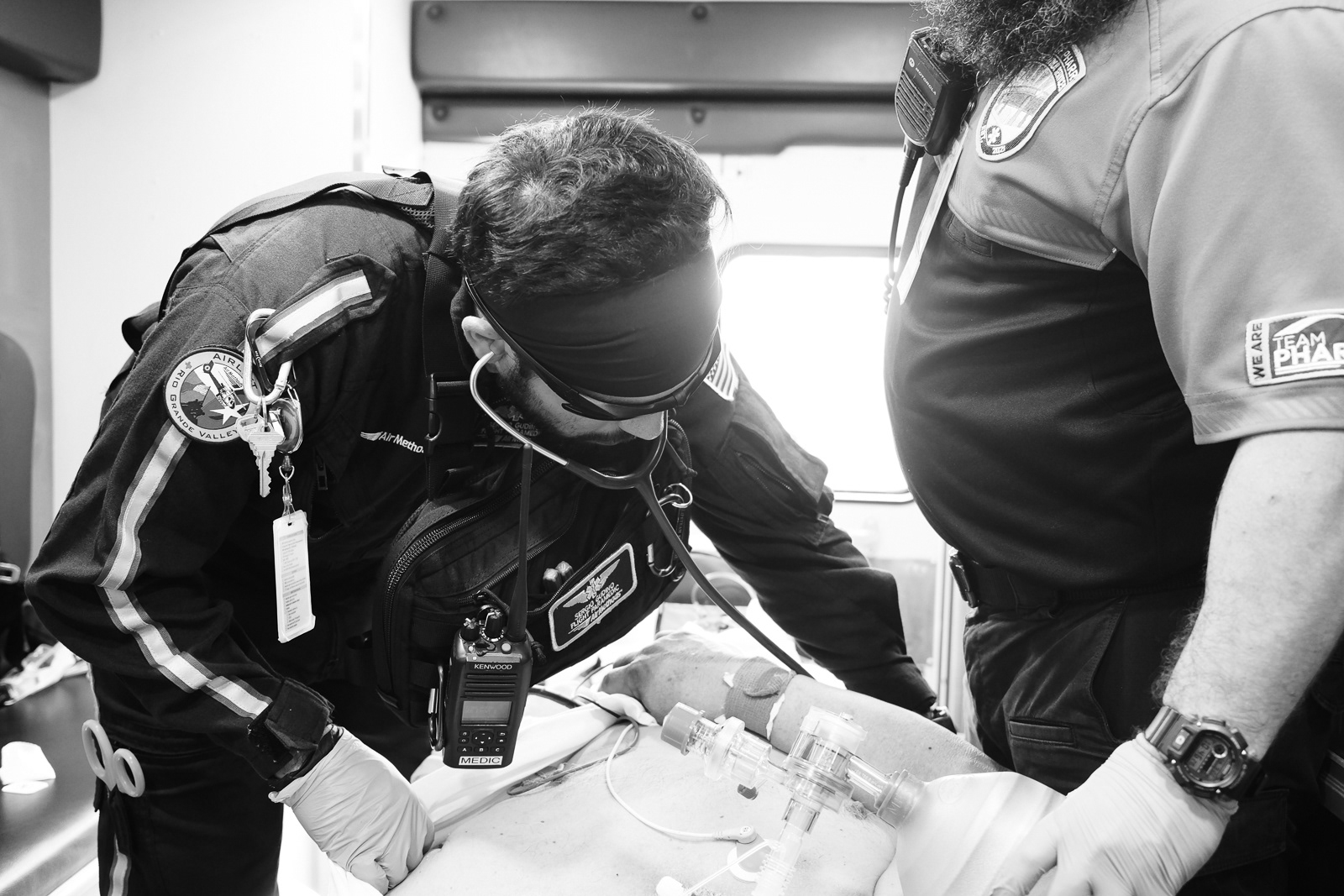 Flight Medic Sergio checks lungs sounds post intubation. One of the 7 P’s of RSI, placement and proofing.