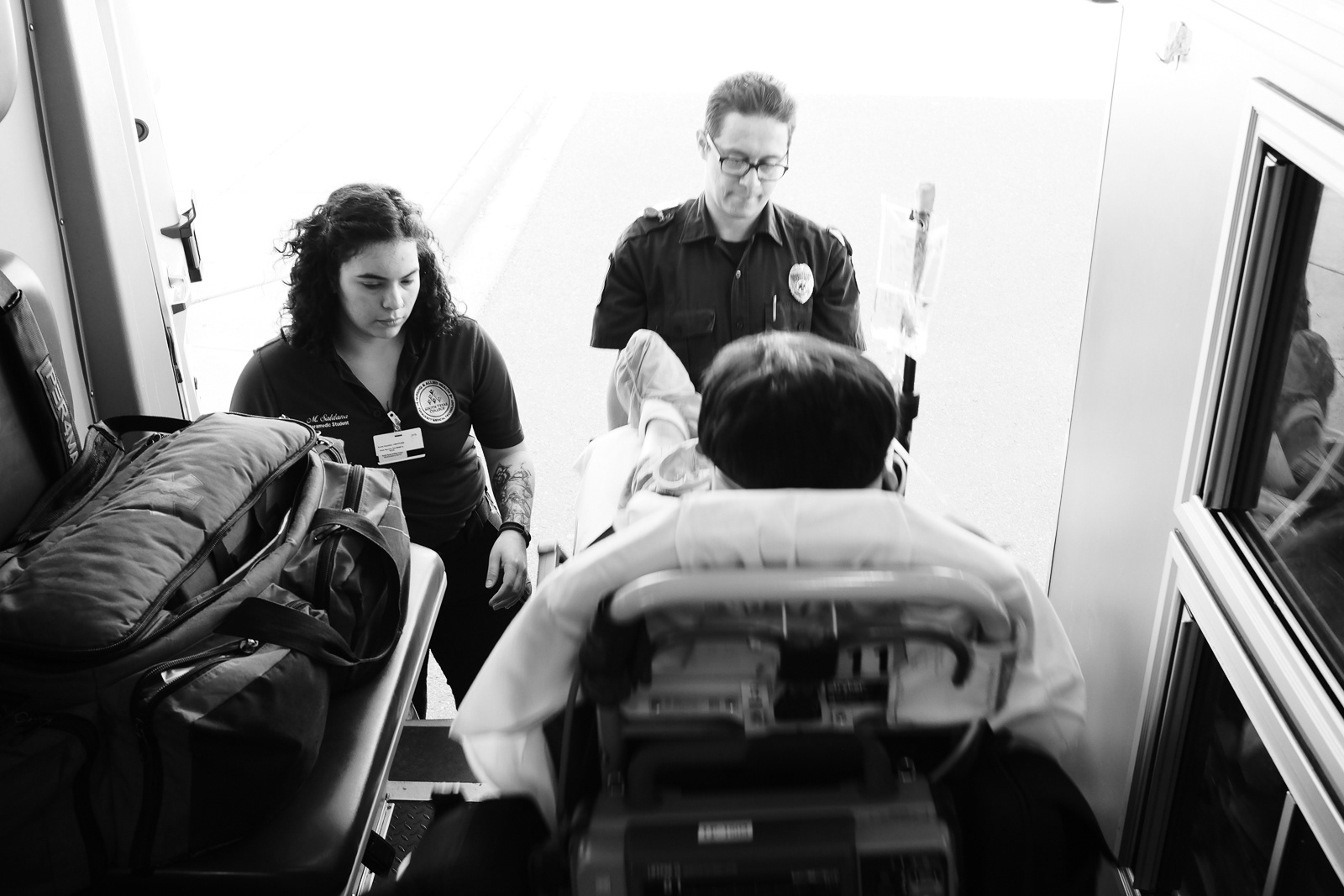 M. Saldana, Paramedic Student, and A. Soria, EMT, unloading patient at the hospital. We get a save.