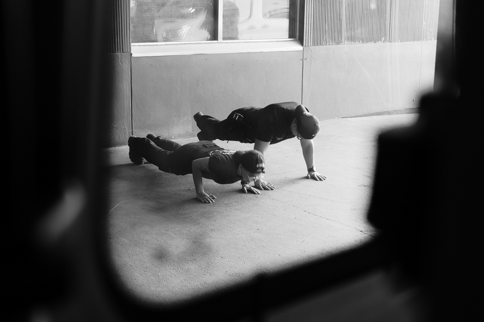 Push up competition between co-workers. 