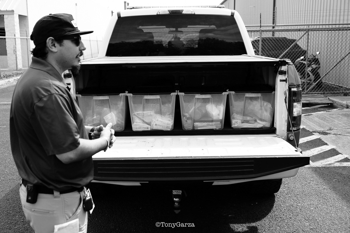 Bins hold medical items to resupply the medics on the field as needed after an emergency.