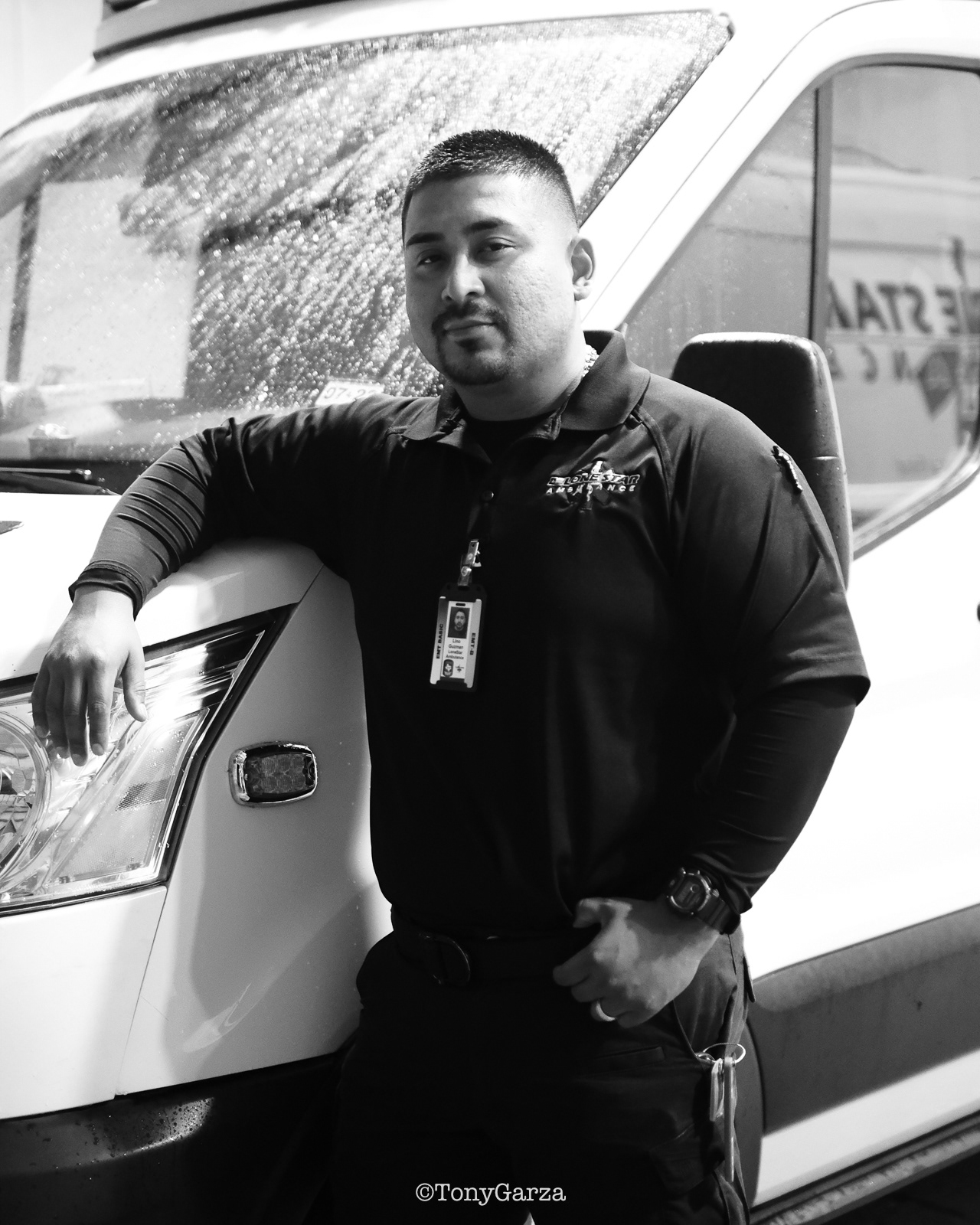 L. Guzman, EMT, with 9 years of EMS service.