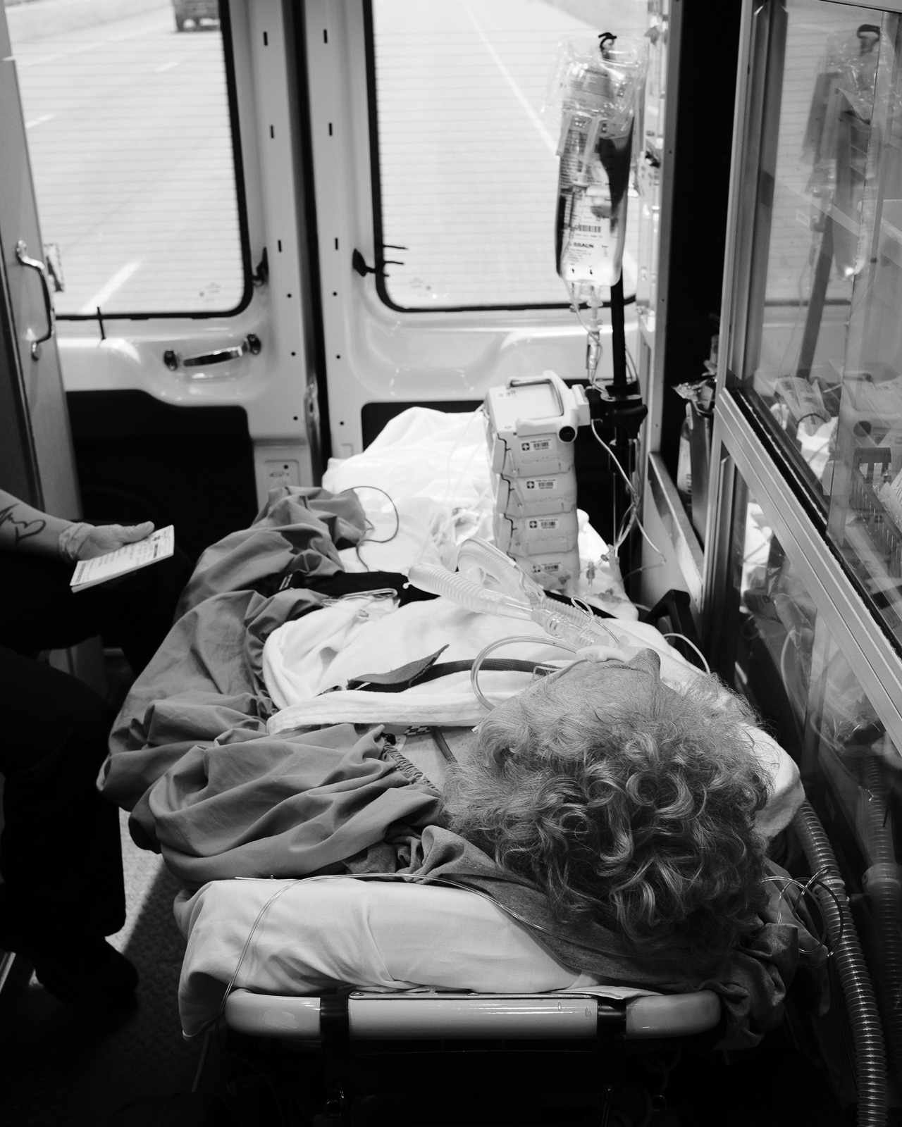 Call No. 1 Nature of Call: Emergency Transfer-ER to ER, Hemorraging Stroke and A-Fib RVR. Patient: female. Mental Status: not available, sedated. Chief Complaint: not available , sedated. Airway: Good, secured via endotracheal tube. Breathing: Good, assisted with ventilator. Circulation: Good, no abnormalities. Assessment: Stroke assessment, pupil assessment, ventilator settings, medication drips, vital signs, cardiac rhythm, 12 lead, glucose evaluation, obtain patient/medical history. Signs/Symptoms: Pt reacting to pupils assessment. Treatment: administer sedation medication, continue ventilator and multiple medication drips ( Amiodarone, Mannitol, Fentanyl, Keppra) Rule out: Heart arrhythmia, hypoxia, hypoglycemia, medication errors, ventilator errors. En-route: Monitor and maintain ABC’s, reassess vital signs and continue sedation as needed. Anticipate patient to decline and manage as needed.