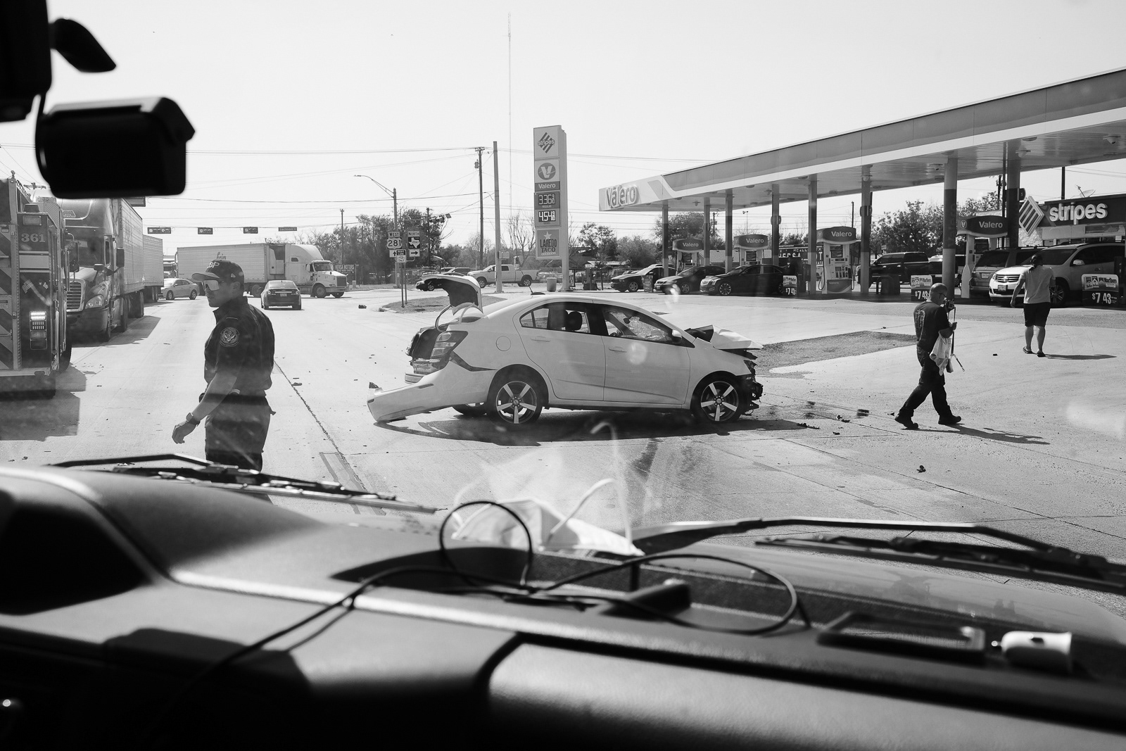 Arriving on sene, car vs semi, we prepare for the worst..