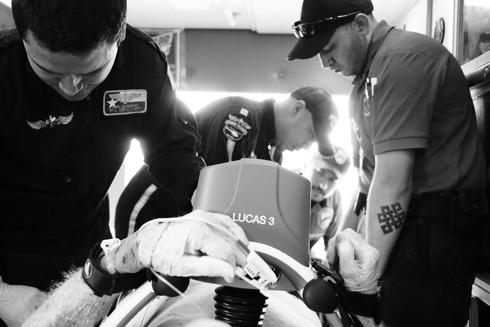 Call No. 1 Nature of illness: Stroke to cardiac arrest. Weather: flyable- Helicopter Angel 1 launches. Scene details: Nearest hospital 20mins / 10 miles away. Family reports last known 10 mins before calling 911. PD officer on scene performing CPR. Chief Complaint: Not attainable. Airway: unsecured. Breathing: Absent. Circulation: Absent. Assessment: cardiac assessment, stroke assessment, trauma assessment and glucose assessment. Treatment: CPR, BVM w/ OPA, heart monitor w/ pads, IO access, intubation, cardiac medication- Epi, Lucas device. Differential diagnosis: Heart failure. Rule out: Stroke, hypoglycemia, hypovolemia, overdose, sepsis. Reassessment: Asystole to PEA. Transfer care: Angel 1: Flight Paramedic and Flight Nurse at LZ approx 1 mile away.