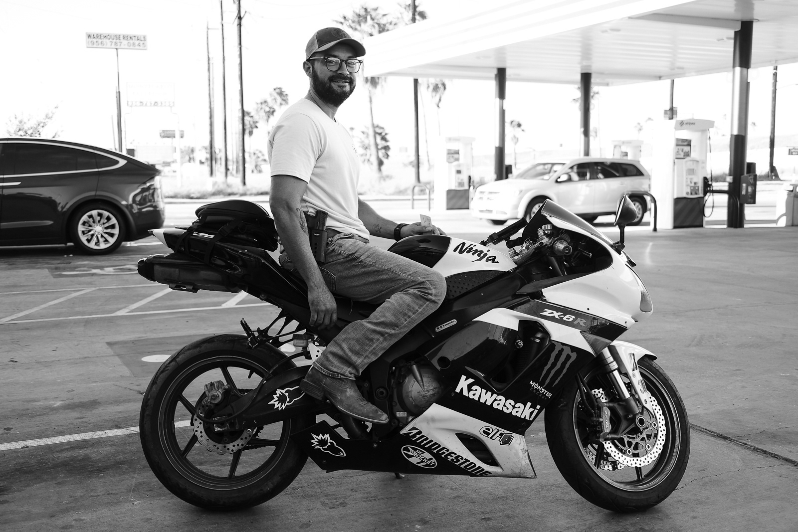 Daniel riding to work after getting a taco. 