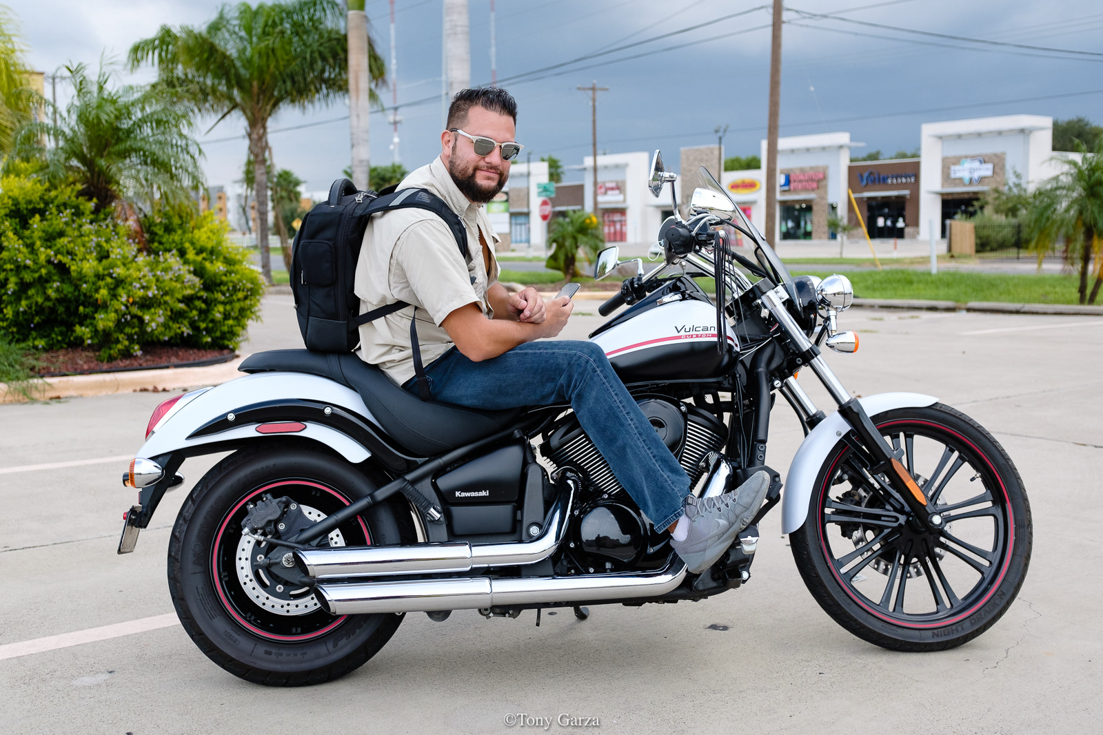 A man and his motorcycle, take a cruise in the city, McAllen, Texas, August 2020. 