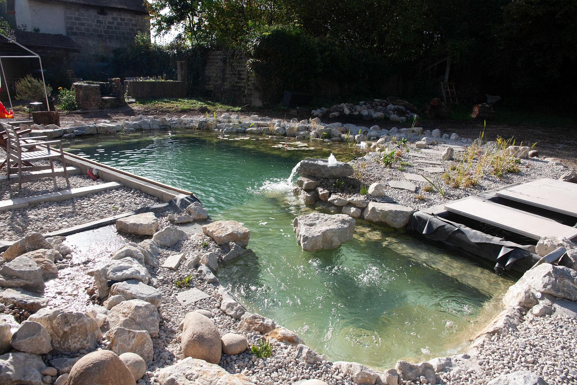 Spa accolé à piscine naturelle 50m²