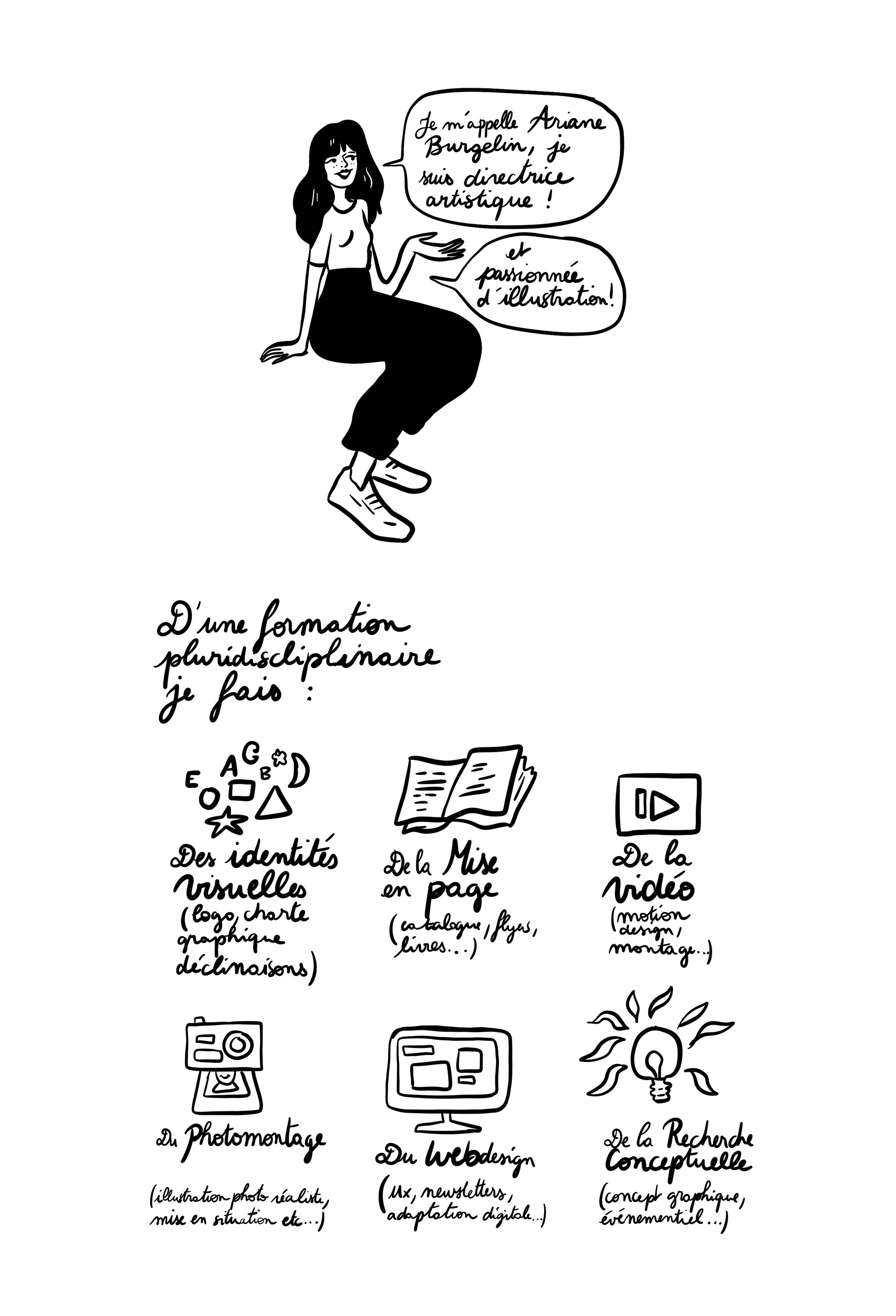 Je m'appelle Ariane Burgelin je suis directrice artistique et illustratrice, d'une formation pluridisciplinaire je fais des identités visuelles (logo, charte graphique...), de la mise en page (catalogue, flyers, livres ...), de la vidéo (motion design, montage...), du photomontage, du webdesign et de la recherche conceptuelle. 