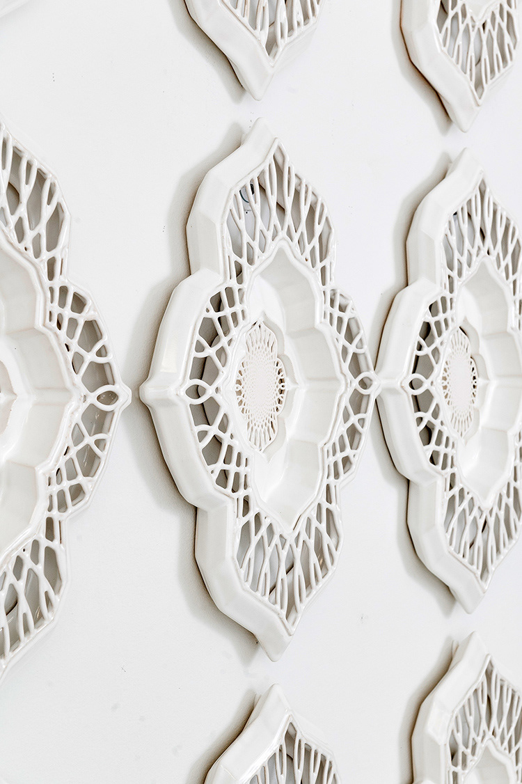 Raised Tile, Detail, Stoneware and Porcelain, Cone 6, 32 x 66 x 1.5 in, Photo: Megan DeSoto