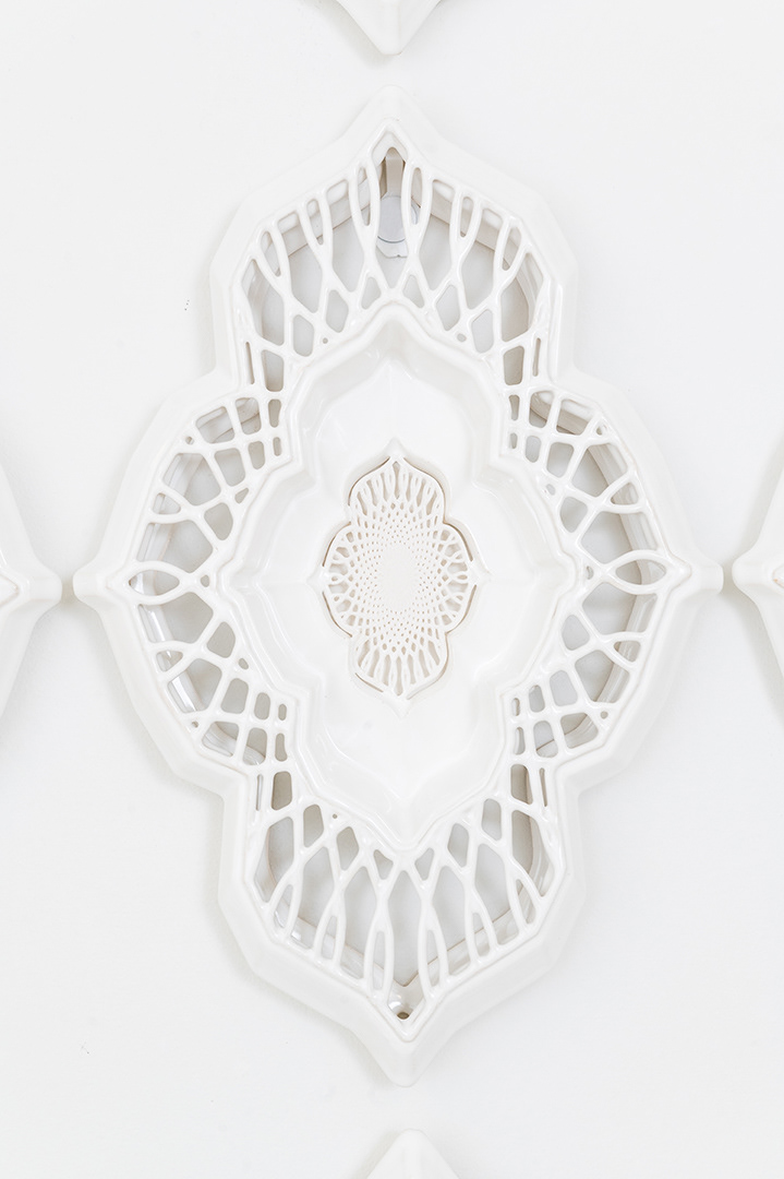 Raised Tile, Detail, Stoneware and Porcelain, Cone 6, 32 x 66 x 1.5 in, Photo: Megan DeSoto