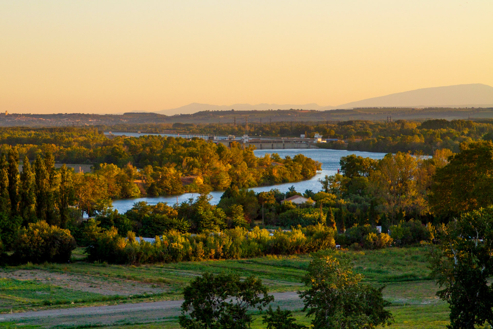 Winding Rhone river entering Avignon