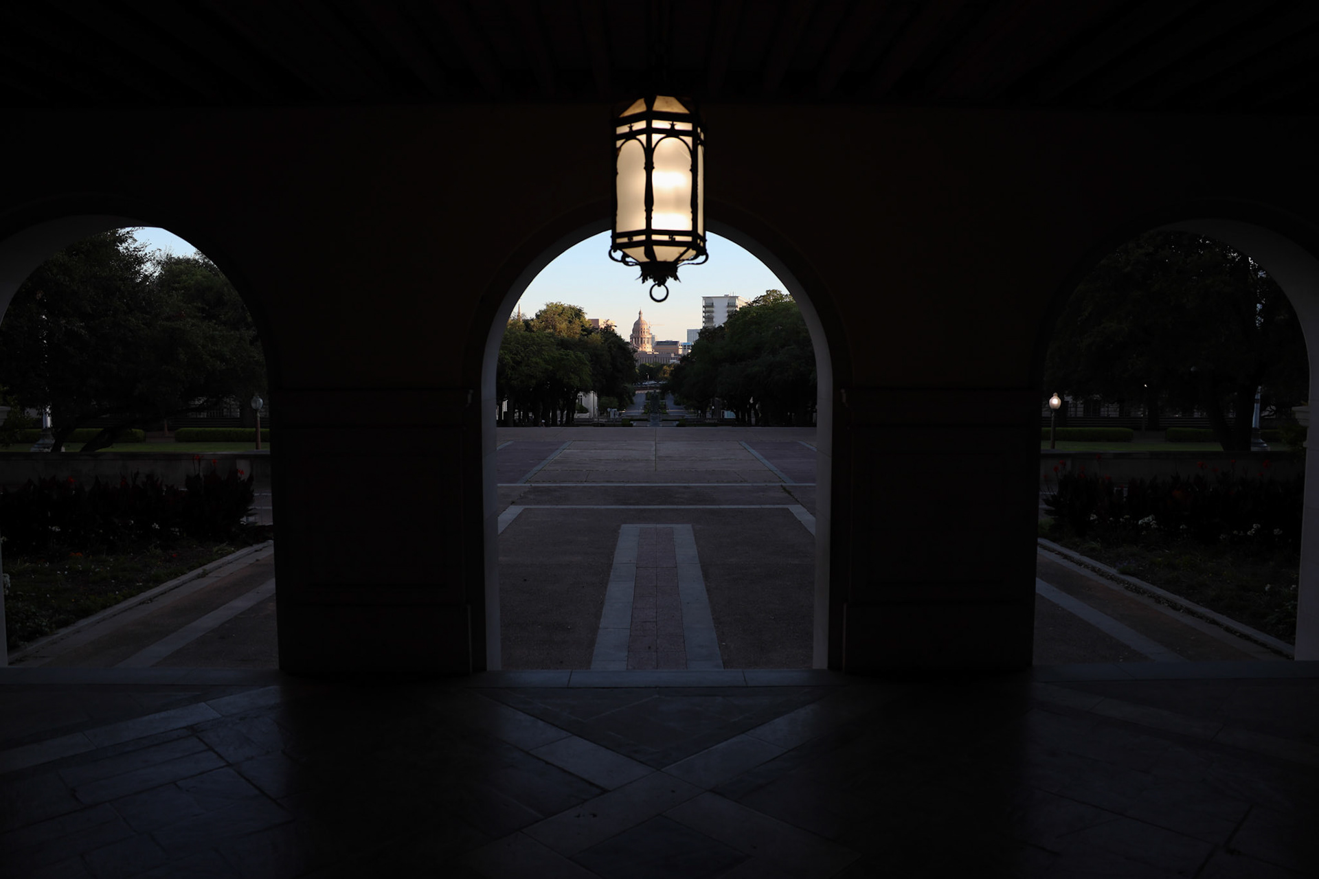 The empty Main Mall at The University of Texas at Austin on April 18, 2020.