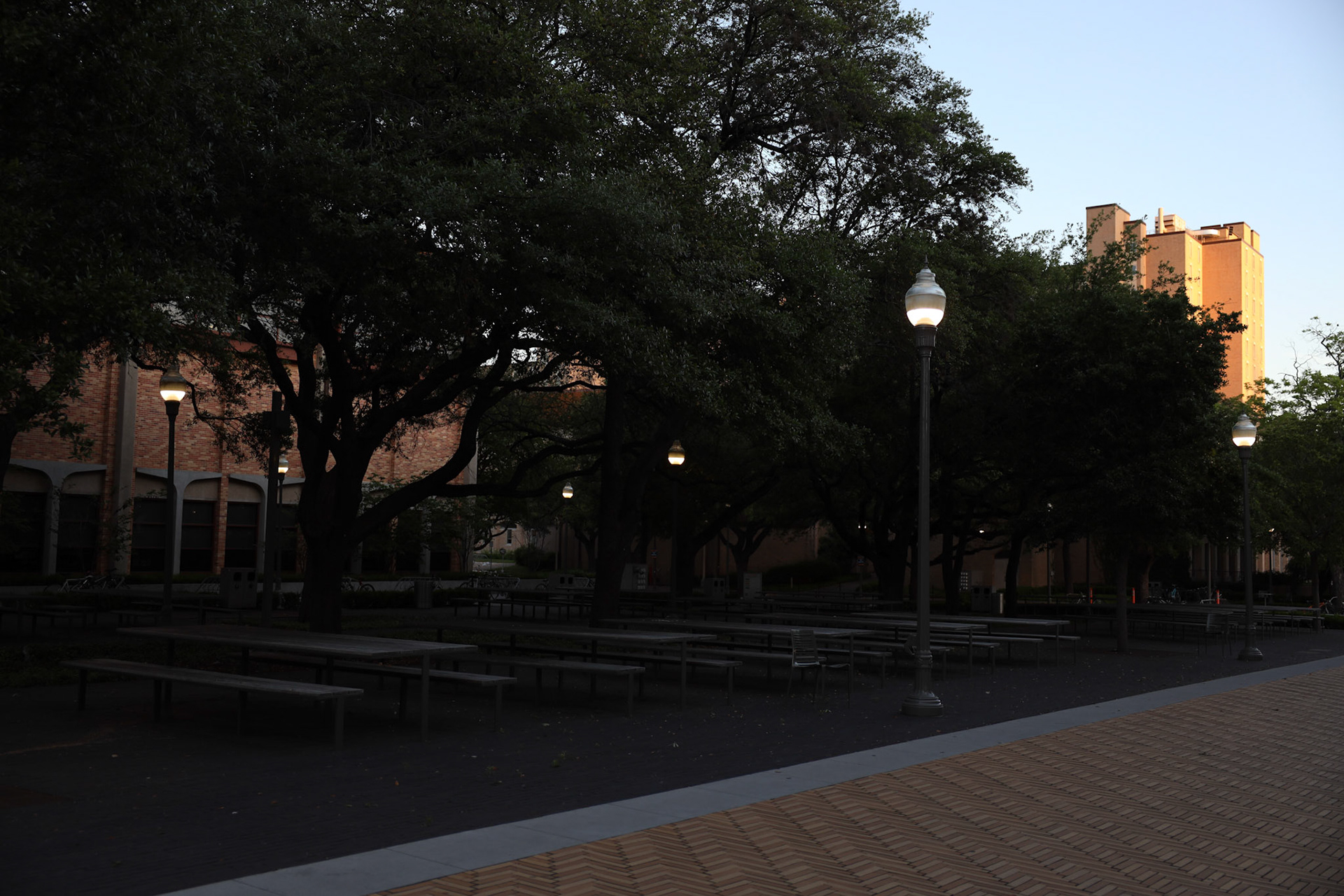 Speedway Street and Gregory gymnasium plaza empty after students were moved out of the dorms after spring break during the pandemic.