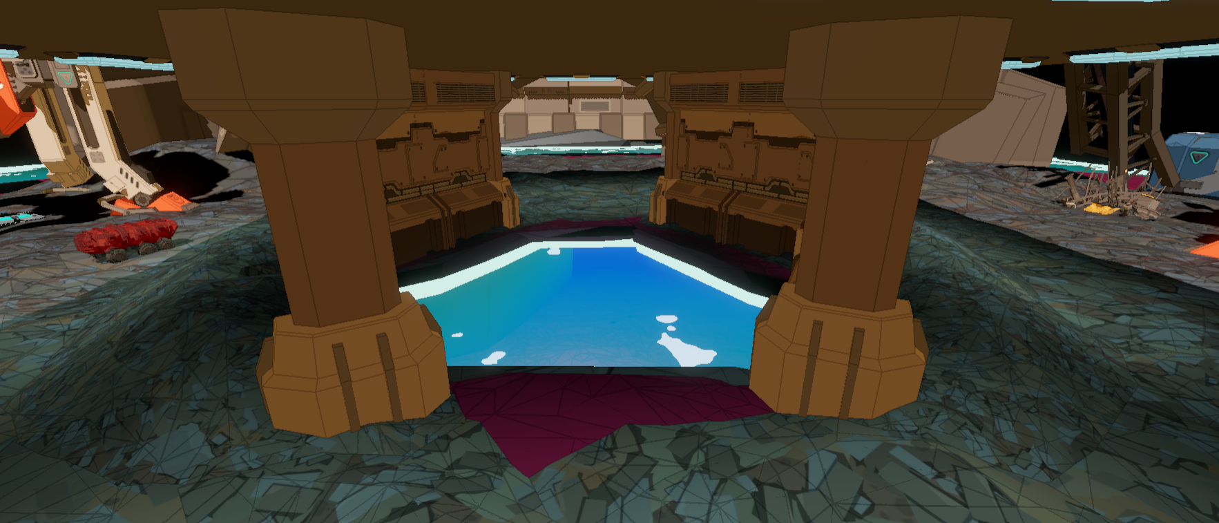 Central room that was repurposed as an entry point into the water.