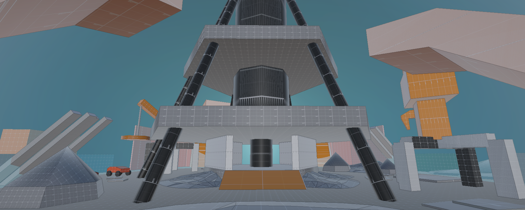 The early greybox form of the level, using simple ProBuilder shapes.