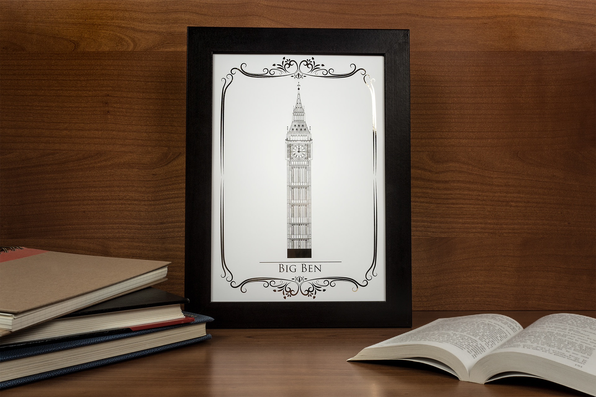 Big Ben monument drawed with vectors and printed with gold foil.
