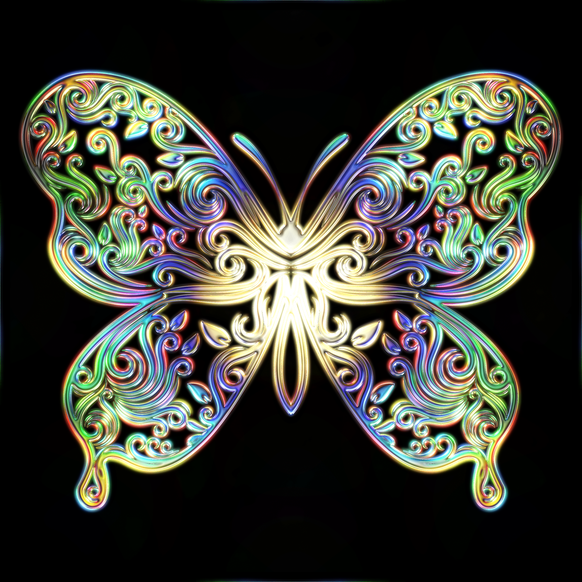 Holographic sculpted butterfly with combined embossing and debossing.