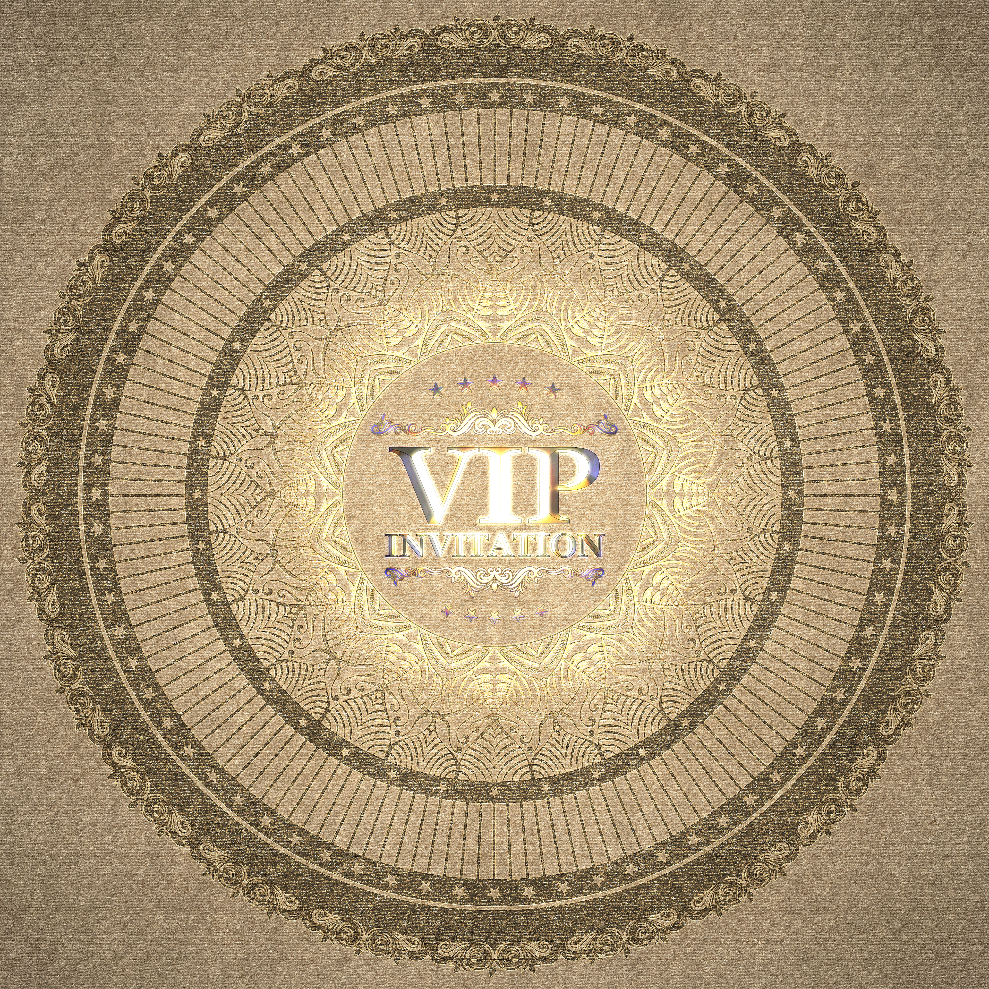 Vip Invitation seal of quality, with blind debossing print effect and sculpted holographic letters.