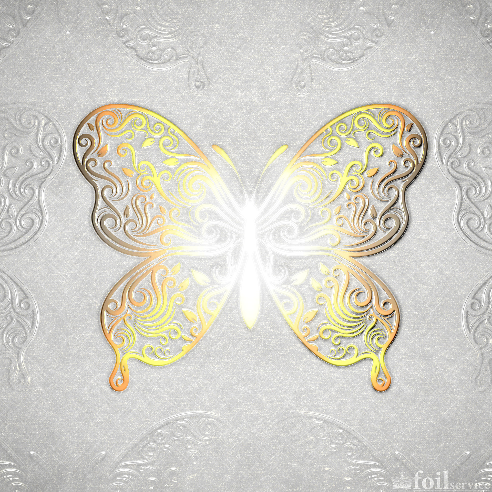 Gold foil sculpted butterfly, with other blind embossed on grey paper texture.