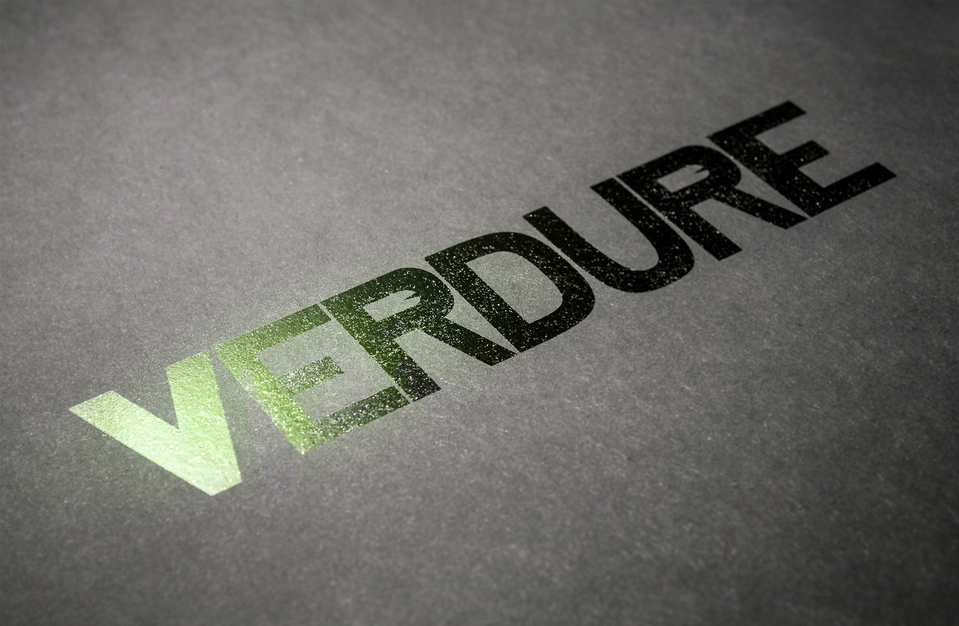 Verdure logotype printed with green foil on a grey paper texture, with greyish fading ambiance.
