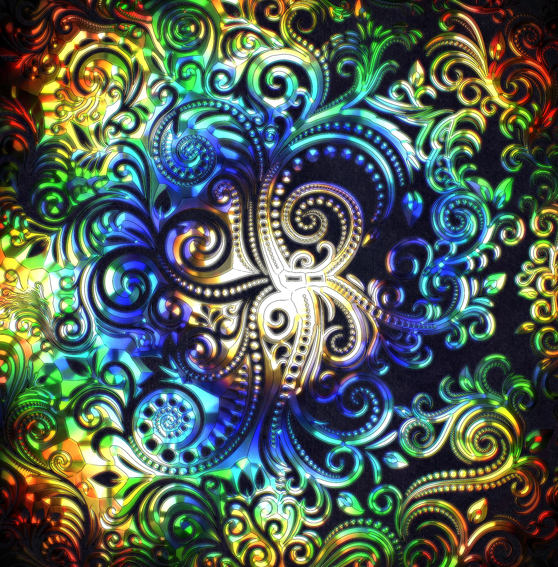 Holographic sculpted drawing of an Octopus, with floral elements.