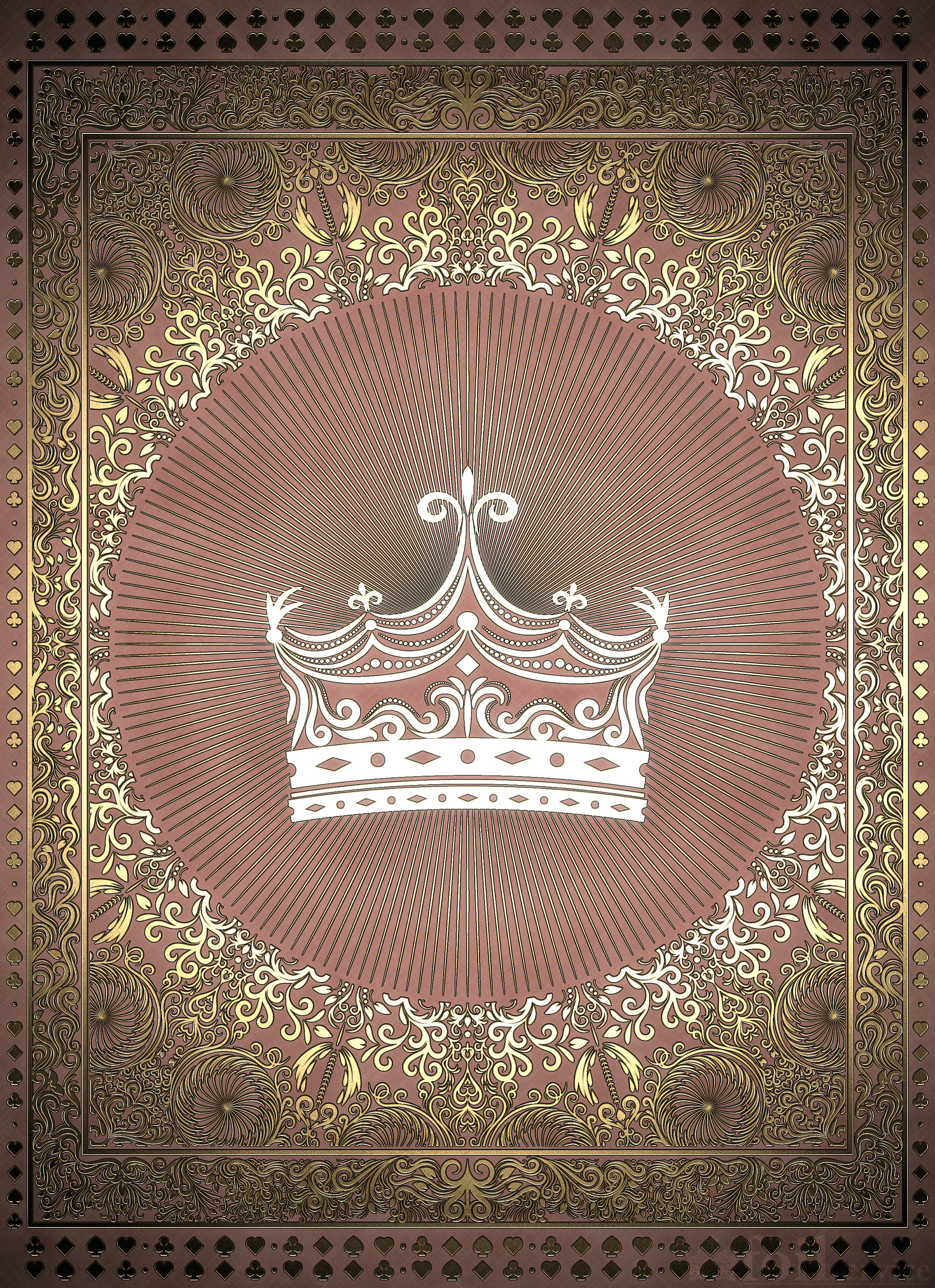 Design of a tuck box front cover, with mandalas illustration and gold foil, on a pink paper background.