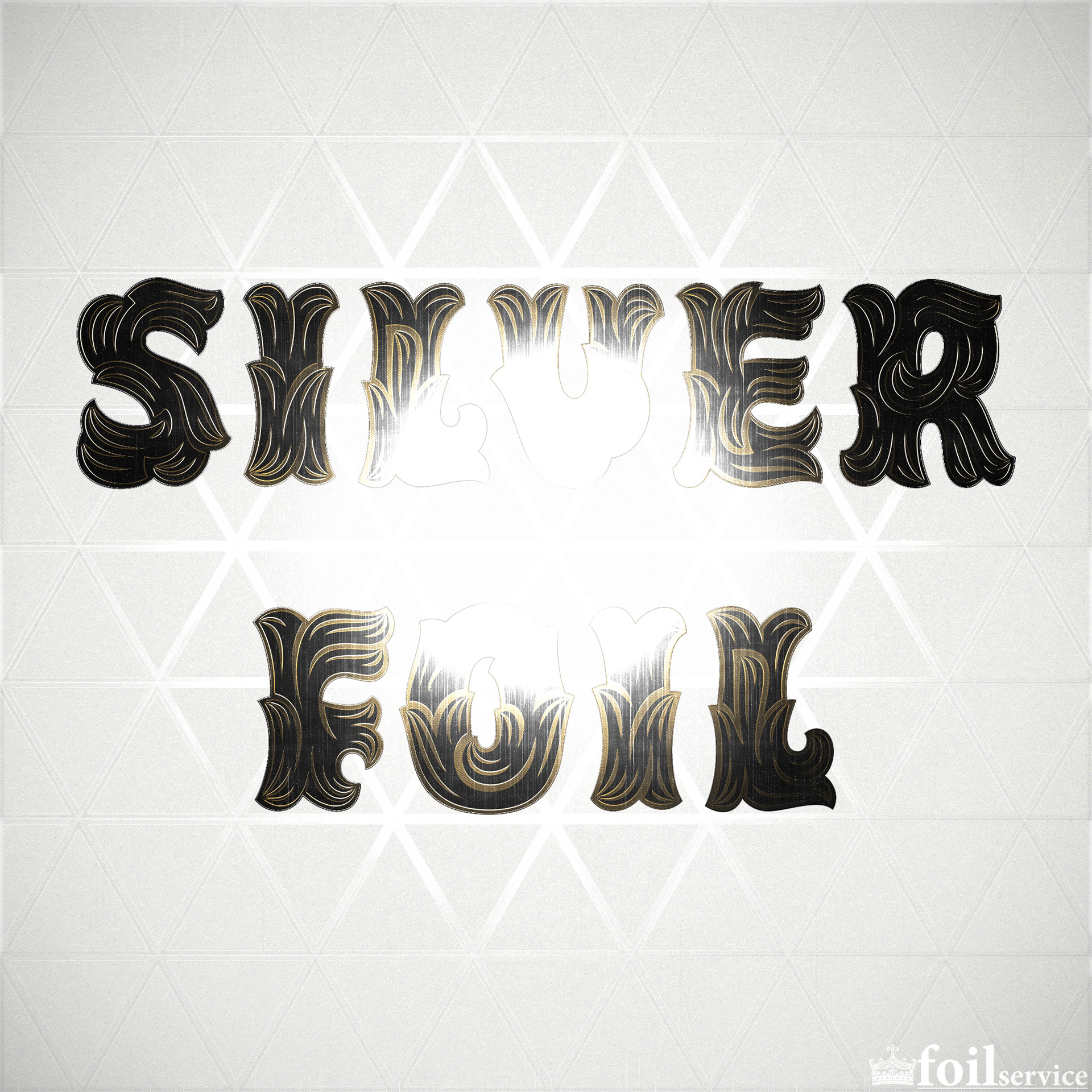 Silver foil logotype with a triangle debossed background on white paper texture.