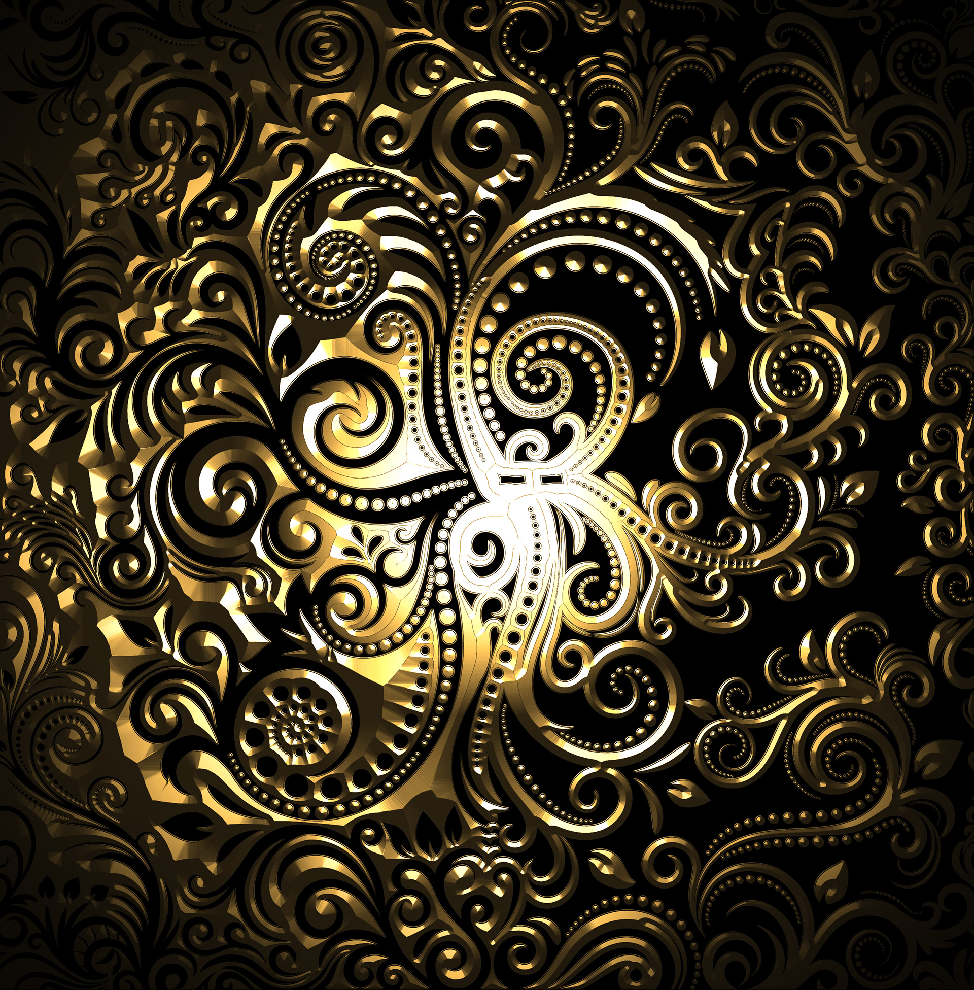 Digital sculpted drawing of an Octopus, with gold foil applied on it.