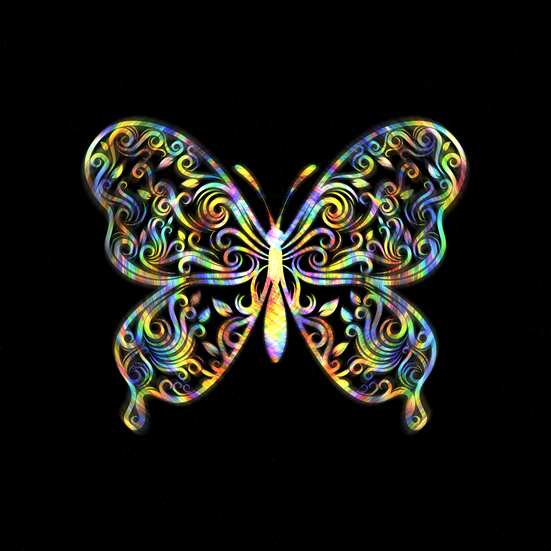 Holographic foil applied on a digital drawing of a butterfly with floral elements.