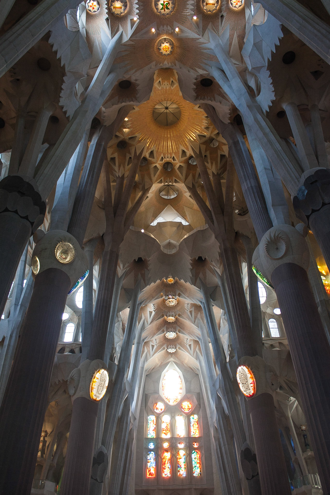 The ceiling of the Sagrada Familia in Barcelona, Spain.  The twelve symbols represent the Apostles.