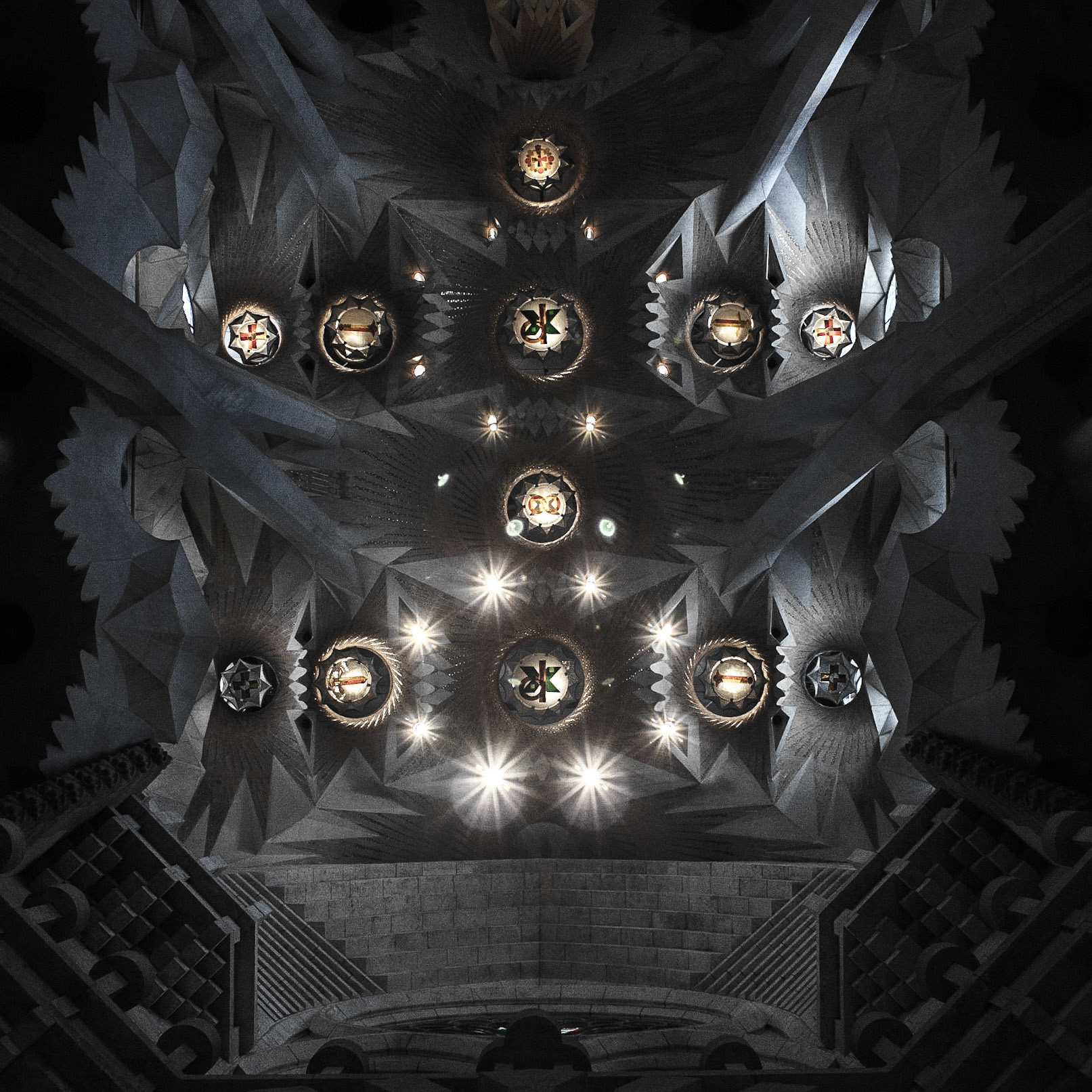 The ceiling of the Sagrada Familia in Barcelona, Spain.  The twelve symbols represent the Apostles.