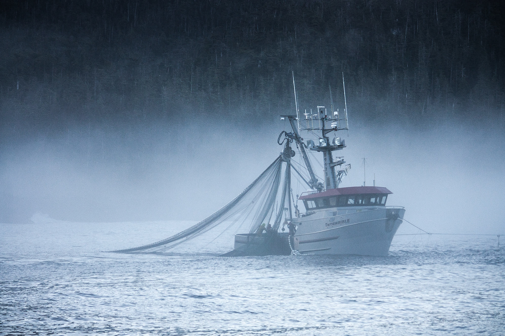 A seiner works in the fog off the coast of Baranoff Island in Southeast Alaska, USA.