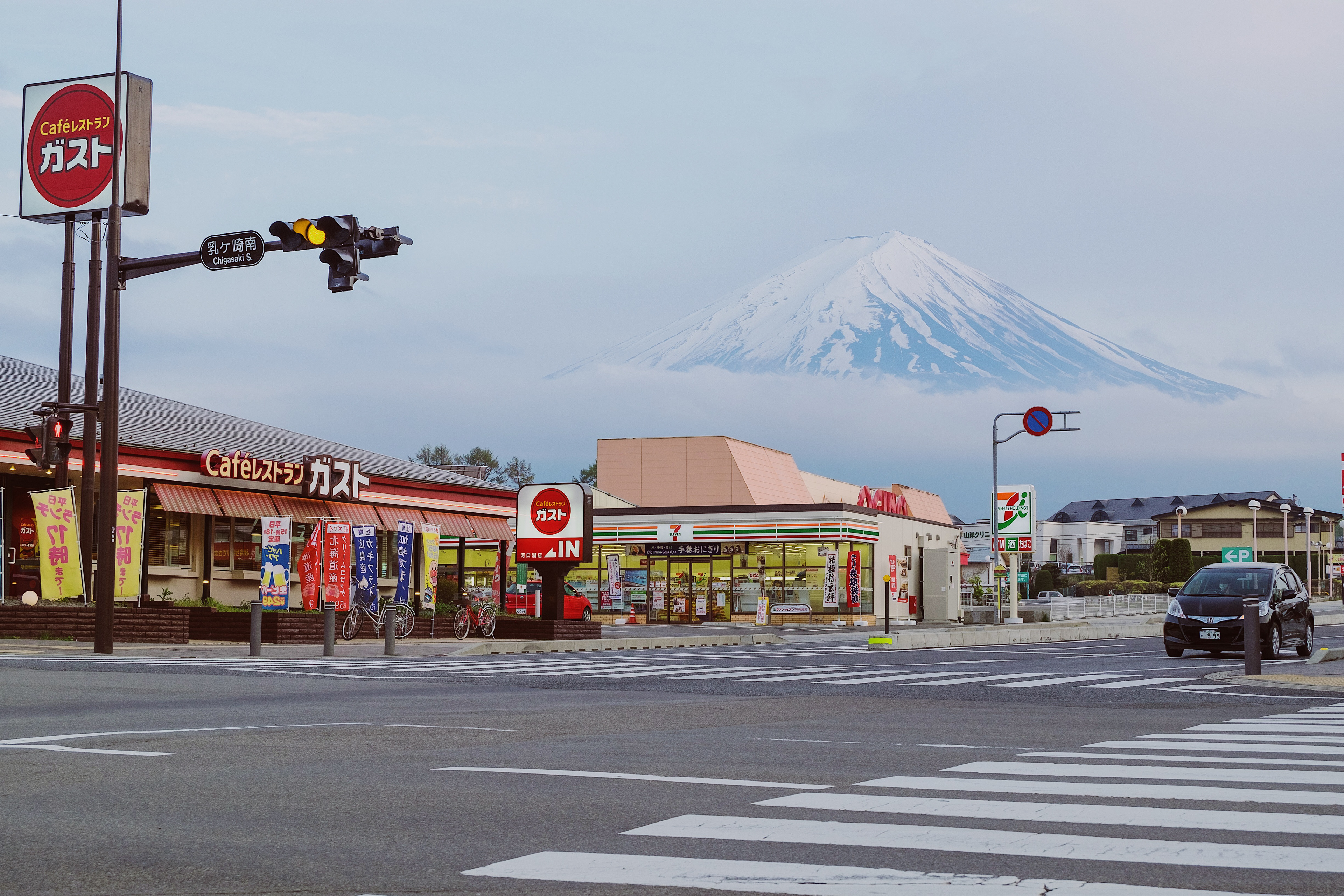 Mount Fuji with Fujikawaguchiko City view at evening.