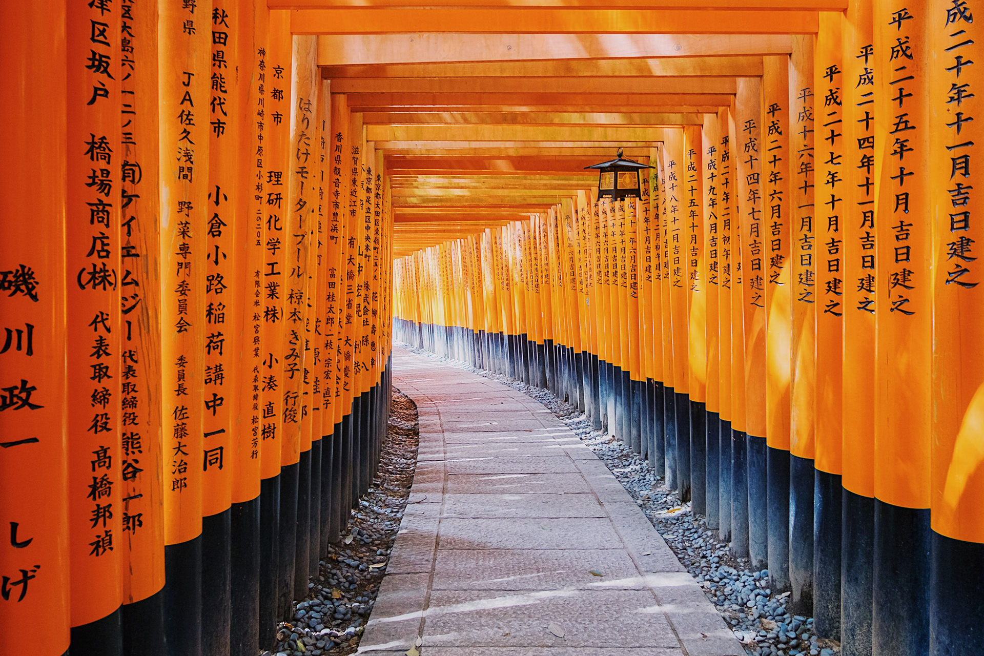 The Tori gates at Fushimi Inari Shrine in Kyoto, Japan.