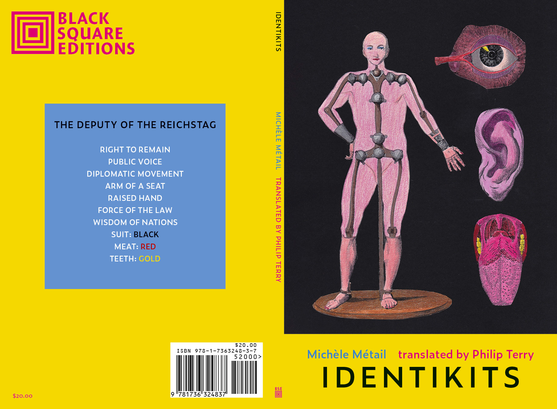 The full cover spread for Identikits by Michele Metail, translated by Philip Terry. The front cover features a collage by the author, a hand-colored collage of anatomical drawings including a person on the left, and a stack with an eye, ear, and tongue on the right, against a black background.