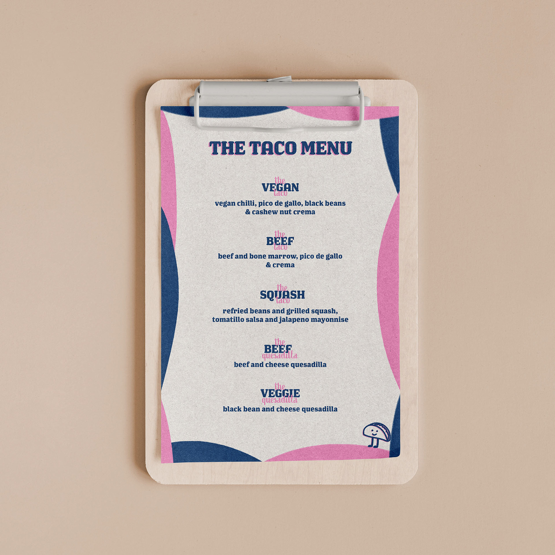 mock-up of the menu