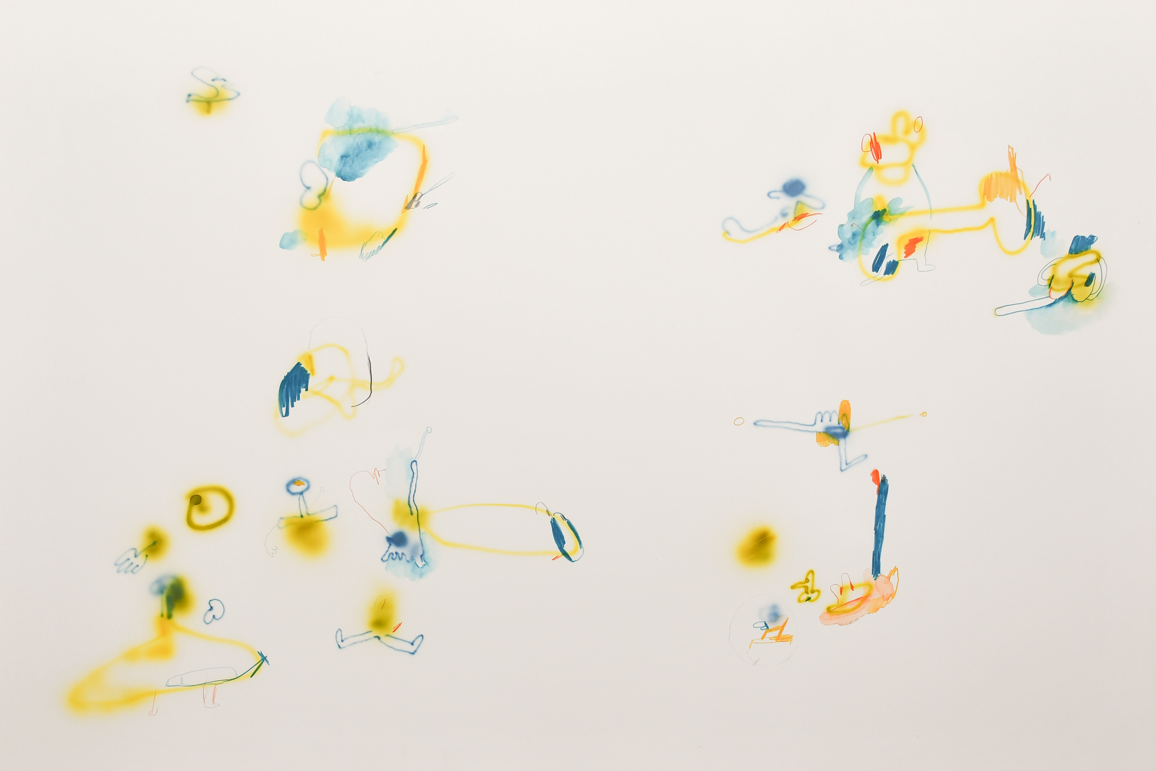 "Intuition Pumps", Airbrush, Bleistift, Buntstift und Aquarell auf Papier, 70x100cm 2024
