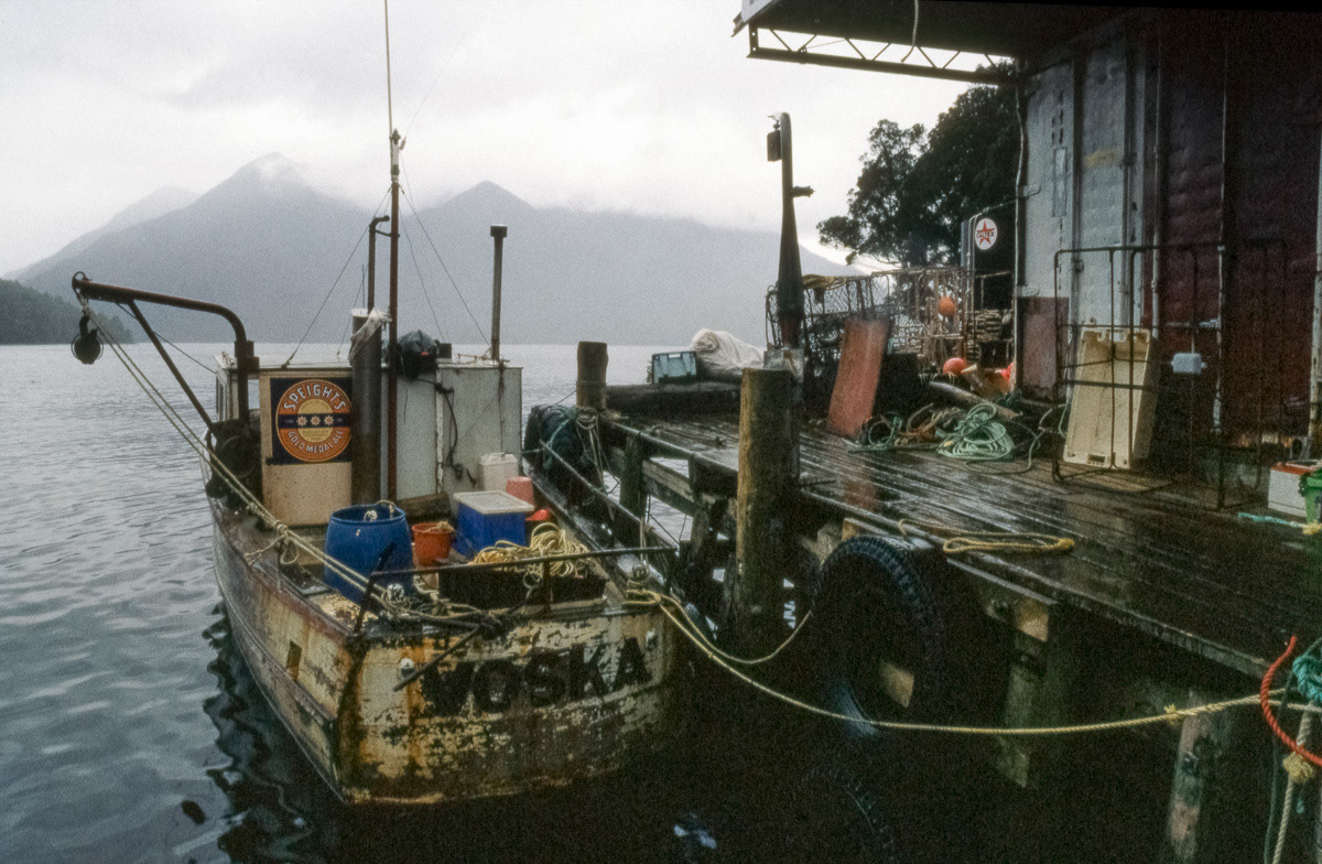 Fishing boat Voska at Blanket Bay Wharf, Doubtful Sound, Fiordland, 1992