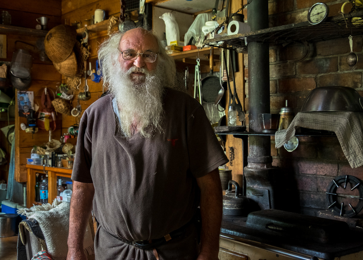 Stephen McGrath in his kitchen, Upper Buller Gorge, West Coast, 2017