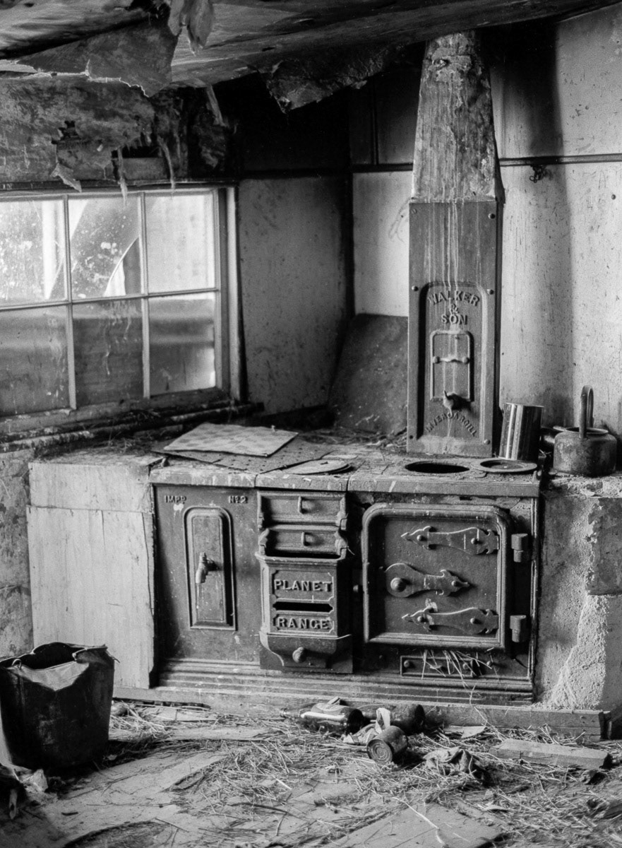 Old Planet Range or stove in a deserted cottage in the Nevis Valley, Otago, 1972