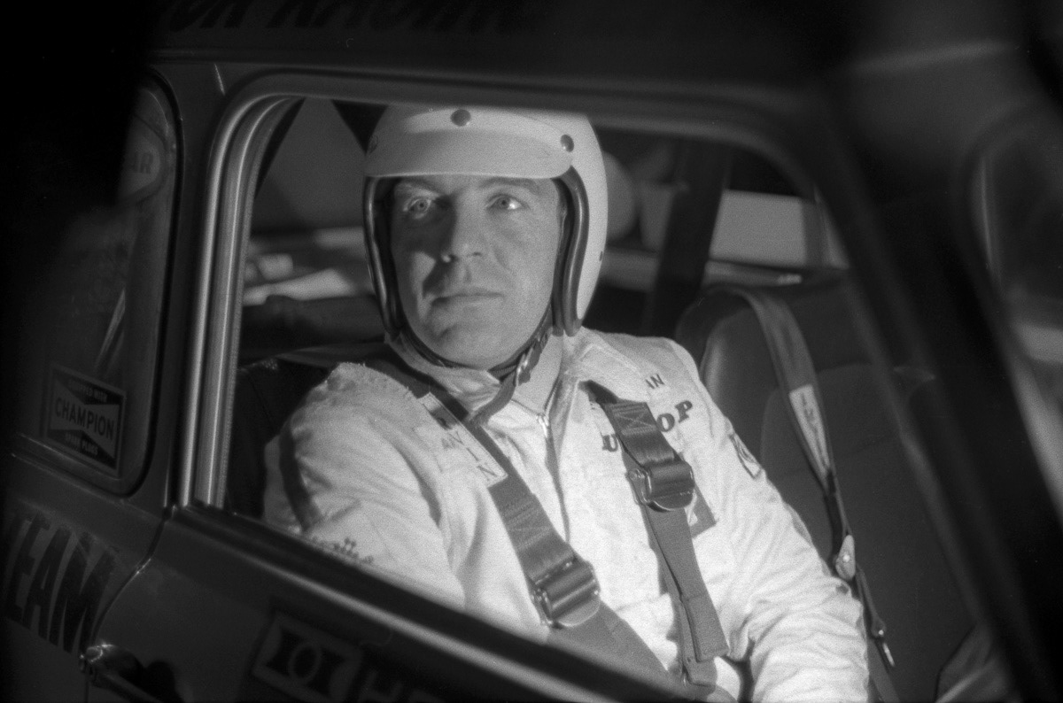 Andrew Cowan from Scotland in his car on 1973 Heatway Rally, near Greymouth