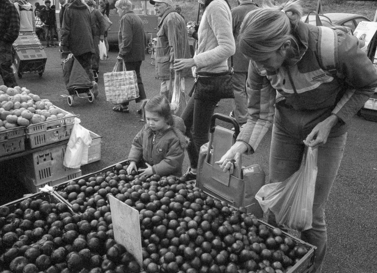 Customers inspecting fruit at Riverbank market, Lower Hutt, 2016