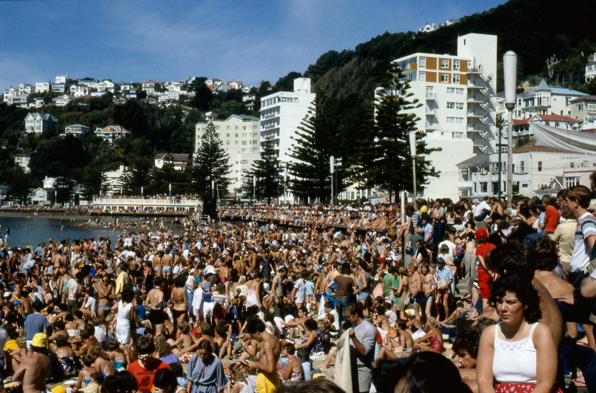 Crowds on Oriental Bay Beach, Wellington, during a Summer City rock festival event