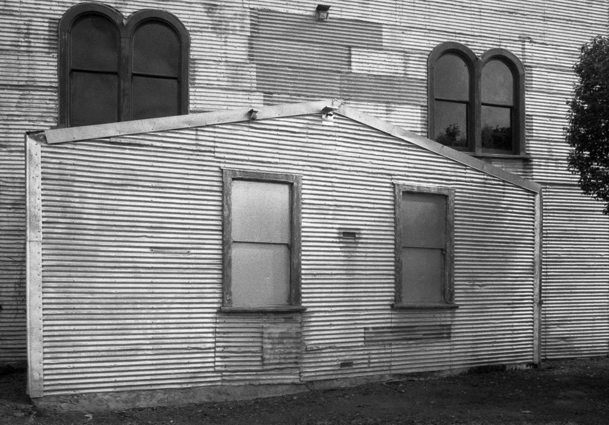 Corrugated iron walls on building in Perry Street, Masterton, 2016