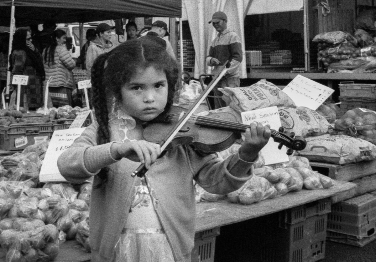 Young girl playing the violin at Riverbank market, Lower Hutt, 2016