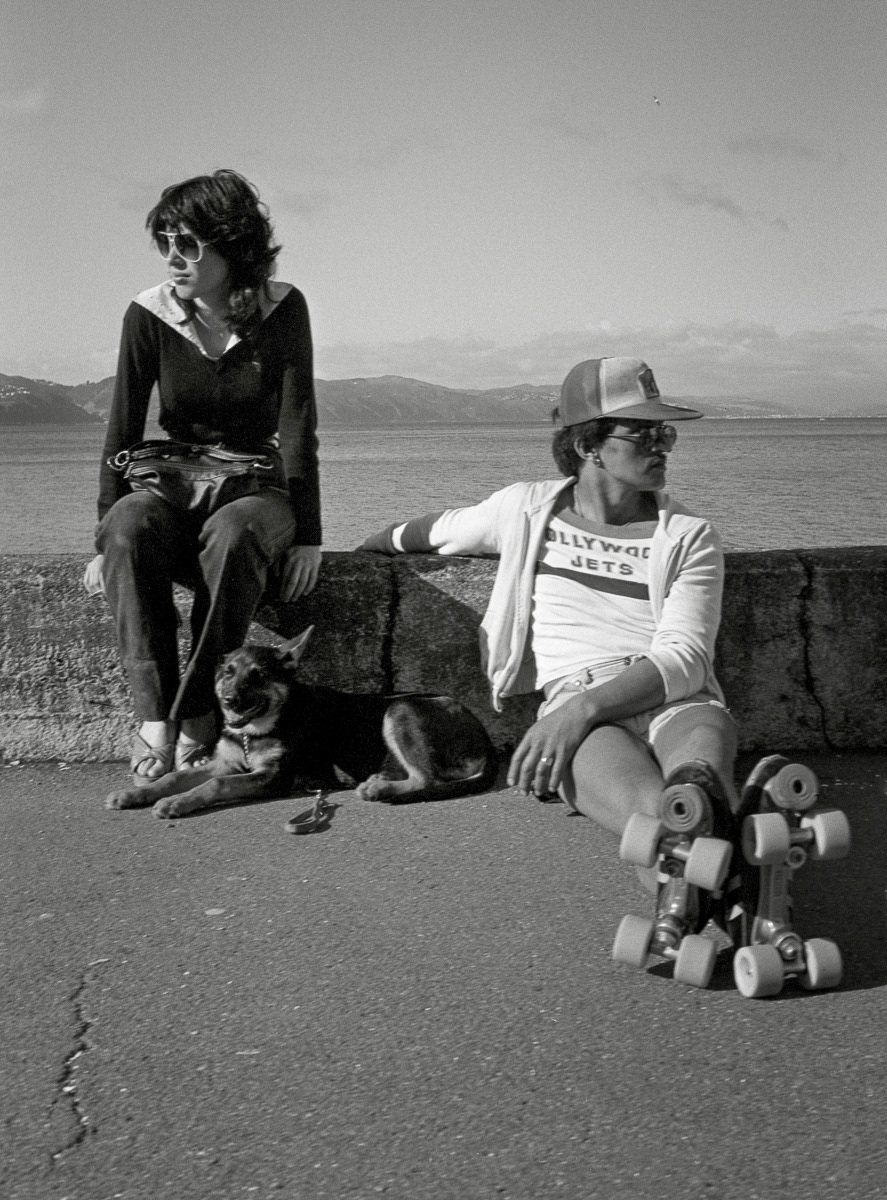 Couple with dog on Oriental Parade, Wellington, man with roller skates