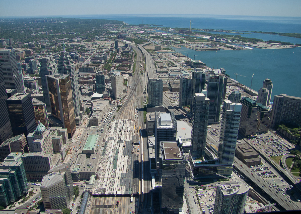 View of Union Station and the rail lines from CN Tower, Toronto, 2011