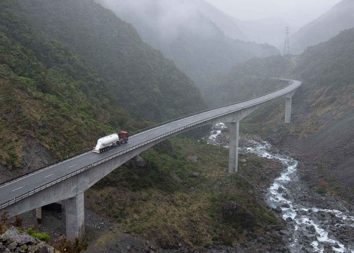 Truck descending new viaduct over Arthurs Pass